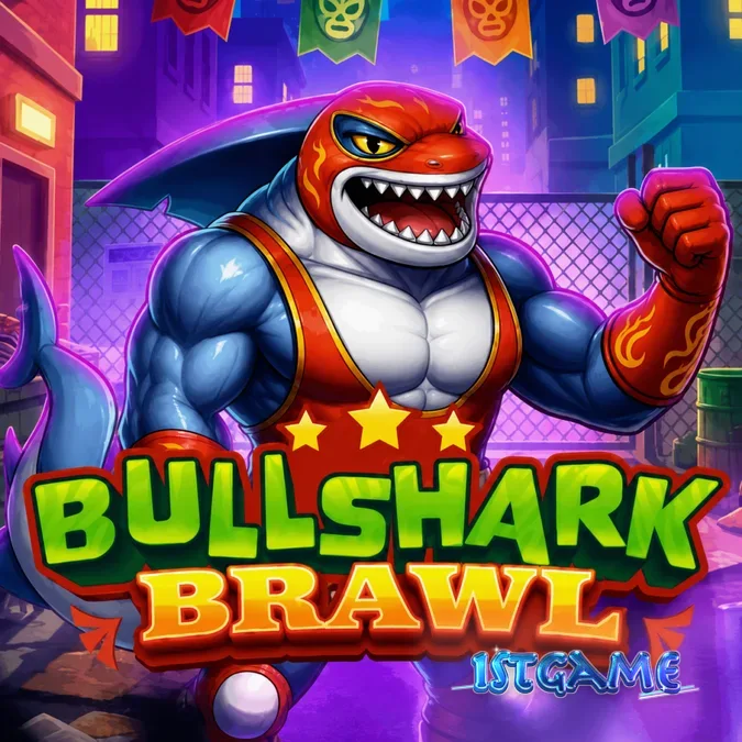 Bullshark Brawl slot game interface showing shark luchador characters
